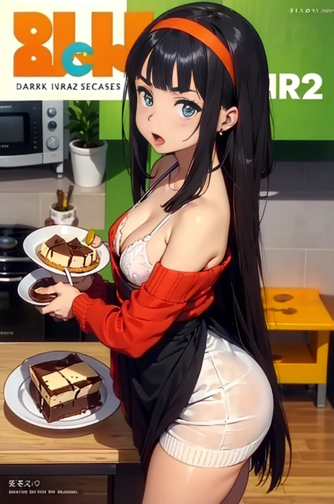 (small breasts:1.3), (perky chest:1.1), (pointed chest:1.0), (Pudding cake magazine cover:1.3),(from above:1.0),(from side:0.9),masterpiece, 1girl, Amazing Cleavage:1.1, thin waist, big ass, Raised sexy, small breast: 1.3, posed cleavage:1.2、solo, looking at viewer, open mouth, have a cute grass of cute beergrass,black hair, dark green eyes, dress, bare shoulders, jewelry, collarbone, sidelocks, hairband, earrings, indoors, off shoulder, :o, sweater, arms behind back, plant, short hair with long locks, gild hairband, off-shoulder dress, sweater dress, off-shoulder sweater, red sweater, dark gord hair, big side hair, very long side hair,is rendered in (masterpiece: 1.2, best quality), with (ultra high resolution) and an exquisite (depth of field). This masterpiece is not only visually stunning but also tells,A scene of cooking in the kitchen by classroom