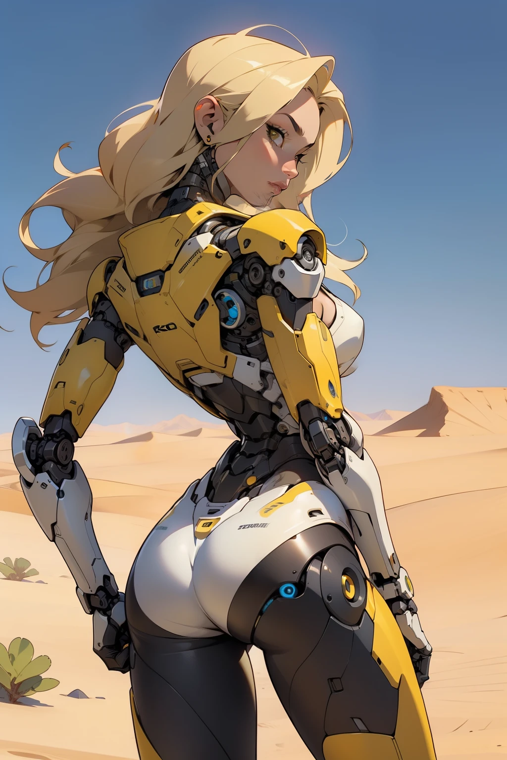 high quality, 4k, masterpiece, beautiful, cyborg girl, yellow design, cowboy shot, dull eyes, back side, turning around to look at viewer, long blonde hair, girl, small breasts, fit thigh, robotic arms, robotic body, cyborg body, yellow accent, redaccent, intricate detail, joint, detailed lines, robotic detail, 1fist on hip, color robotic parts, robotic parts with color, perfect fingers, on a desert planet, sunny background, colorful desert,