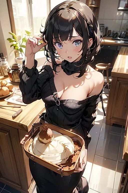 (small breasts:1.3), (perky chest:1.1), (pointed chest:1.0), (Pudding cake magazine cover:1.3),(from above:1.0),(from side:0.9),masterpiece, 1girl, Amazing Cleavage:1.1, thin waist, big ass, Raised sexy, small breast: 1.3, posed cleavage:1.2、solo, looking at viewer, open mouth, have a cute grass of cute beergrass,black hair, dark green eyes, dress, bare shoulders, jewelry, collarbone, sidelocks, hairband, earrings, indoors, off shoulder, :o, sweater, arms behind back, plant, short hair with long locks, gild hairband, off-shoulder dress, sweater dress, off-shoulder sweater, red sweater, dark gord hair, big side hair, very long side hair,is rendered in (masterpiece: 1.2, best quality), with (ultra high resolution) and an exquisite (depth of field). This masterpiece is not only visually stunning but also tells,A scene of cooking in the kitchen by classroom