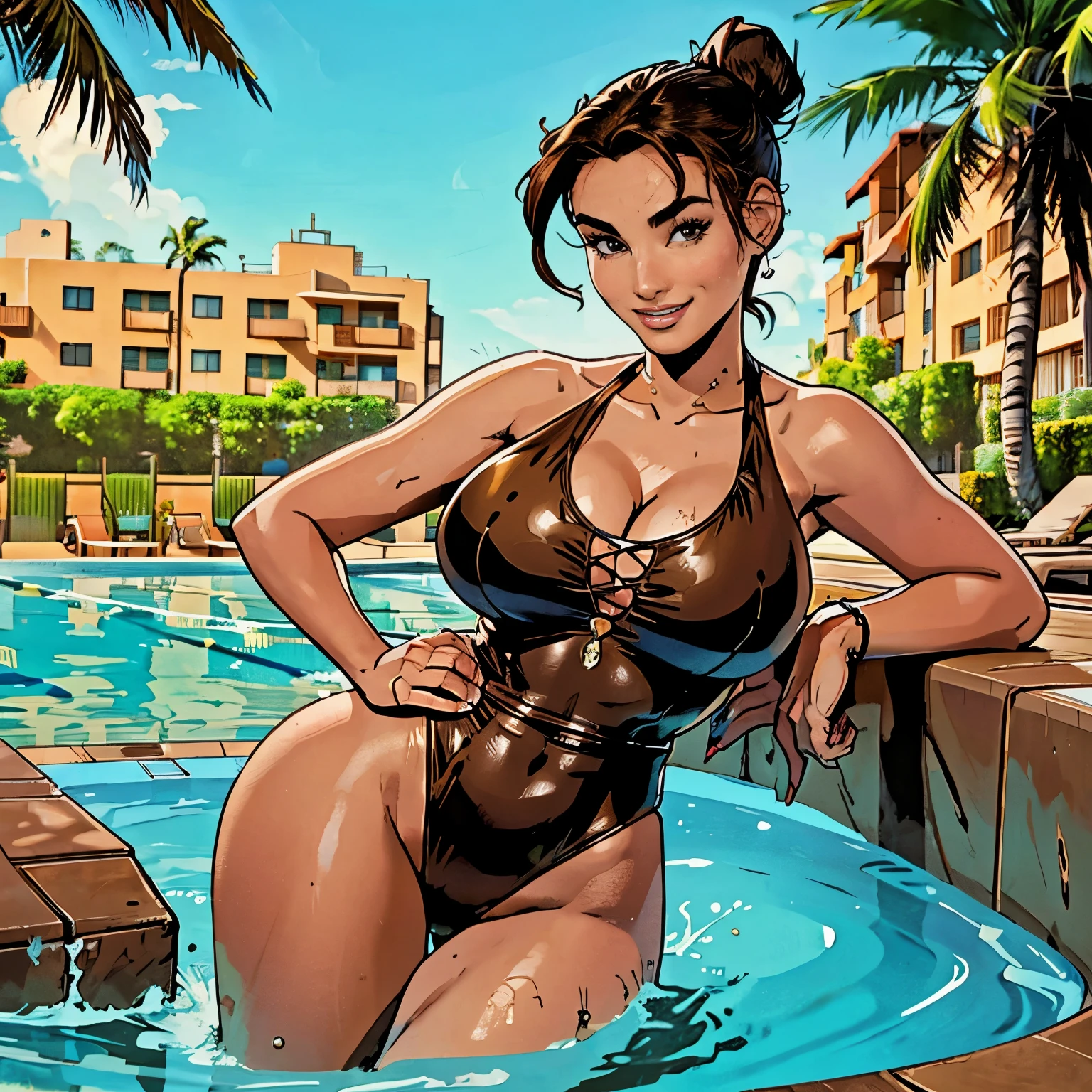 Gorgeous and sultry busty athletic (happy smiling) brunette, athletic bun, large breasts wearing a brown one-piece swimsuit, swimming pool, palm trees, motel courtyard, cleavage