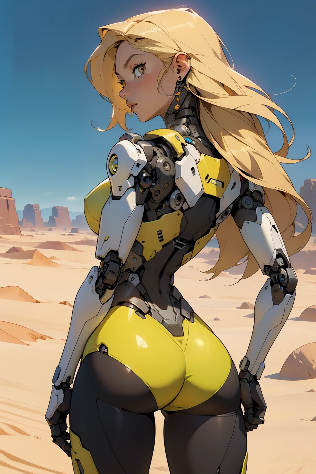 high quality, 4k, masterpiece, beautiful, cyborg girl, yellow design, cowboy shot, dull eyes, back side, turning around to look at viewer, long blonde hair, girl, small breasts, fit thigh, robotic arms, robotic body, cyborg body, yellow accent, redaccent, intricate detail, joint, detailed lines, robotic detail, 1fist on hip, color robotic parts, robotic parts with color, perfect fingers, on a desert planet, sunny background, colorful desert,