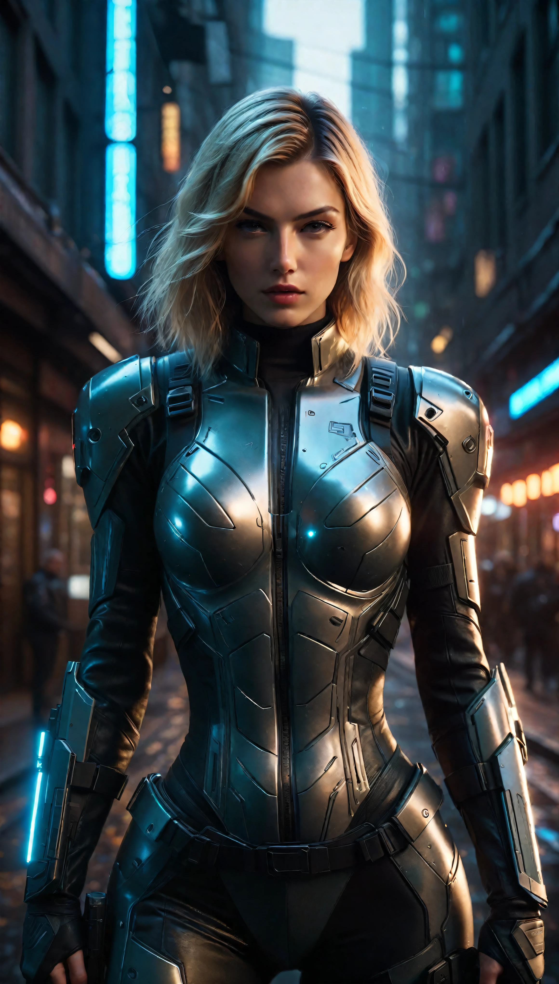 ((Masterpiece in maximum 16K resolution):1.6),((soft_color_photograpy:)1.5), ((Ultra-Detailed):1.4),((Movie-like still images and dynamic angles):1.3). | (cinematic photo of Blonde Supermodel beauty wearing a high tech tight combatsuit in a cyberpunk city), (Supermodel beauty), (Blonde), (wearing a high tech combat suit), (focus on the high tech combat suit), (cinematic lens), (cyberpunk pistol), (autumn light), (tyndall effect), (Science fiction atmosphere), (shimmer), (light reflections), (visual experience),(Realism), (Realistic),award-winning graphics, dark shot, film grain, extremely detailed, Digital Art, rtx, Unreal Engine, scene concept anti glare effect, All captured with sharp focus. | Rendered in ultra-high definition with UHD and retina quality, this masterpiece ensures anatomical correctness and textured skin with super detail. With a focus on high quality and accuracy, this award-winning portrayal captures every nuance in stunning 16k resolution, immersing viewers in its lifelike depiction. | ((perfect_composition, perfect_design, perfect_layout, perfect_detail, ultra_detailed)), ((enhance_all, fix_everything)), More Detail, Enhance.