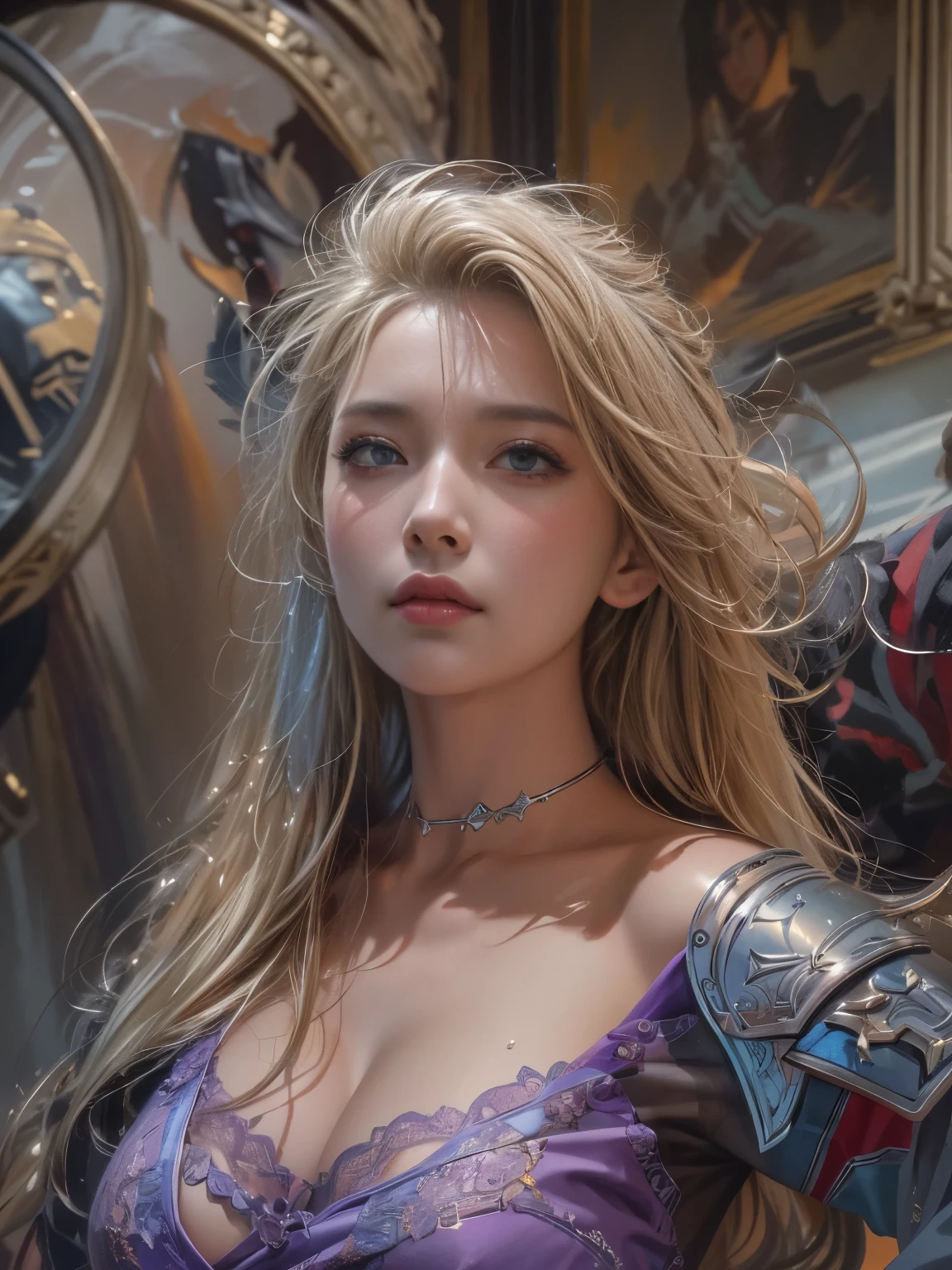 IU1, Serious expression, Model shooting style, (Highly detailed CG Unity 8k wallpaper), Full body photos of the most beautiful works of art in the world, (Medieval Armor:1.1), Professional, majestic oil painting by Ed Blinky, Atey Gailan, Studio Ghibli, Jeremy Mann, Greg Manchess, Antonio Moro, Trending on Art Station, CGSociety Trends, complicated, High detail, Sharp focus, dramatic, Photorealistic paintings by Midjourney and Greg Rutkowski, Beautify your face, Long Blonde Hair, Big firm Breasts, hard nipples, Sexy, Sharp Eyes, Break, dynamic sexy poses, sweat, cleavage is exposed, Add light purple and purple, Add Light Red, Intricate details, Splash screen,