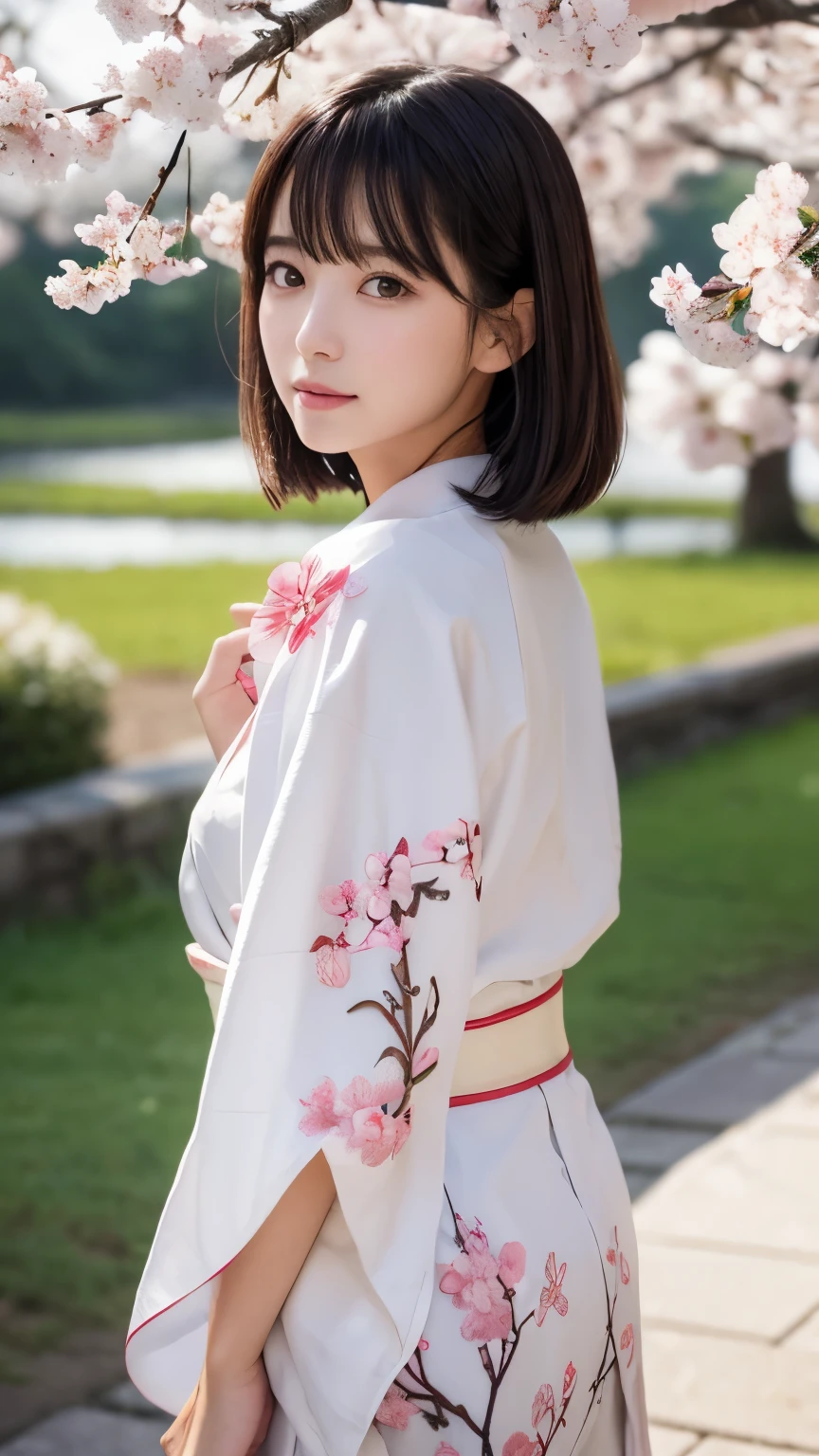 (logo、masterpiece、8k、table top、RAW photo、wonderful、最high quality、Photorealistic and hvery detailed CG integrated 8k wallpaper、high quality、very detailed、Narrative poem、particle effects、dynamic effects、written boundary depth、cinematic light、Lens flare、ray tracing)、fantasy、 (1 beautiful woman、white kimono、Japan Dress、white cherry blossom pattern、White cherry blossom embroidery pattern、black haired、beautiful face、real face、beautiful details eyes beautiful skin)、Hair flutters in Wind、hair bounces、pink cherry tree、petals dance、SakuraFubuki、wonderful景色、sunrise、sun on background、Wind、god々、teeth、god話、vast land、