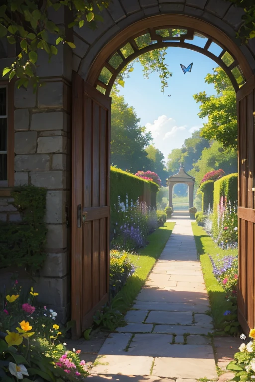 Beautiful garden, butterflies, gate, high resolution, 32k, masterpiece