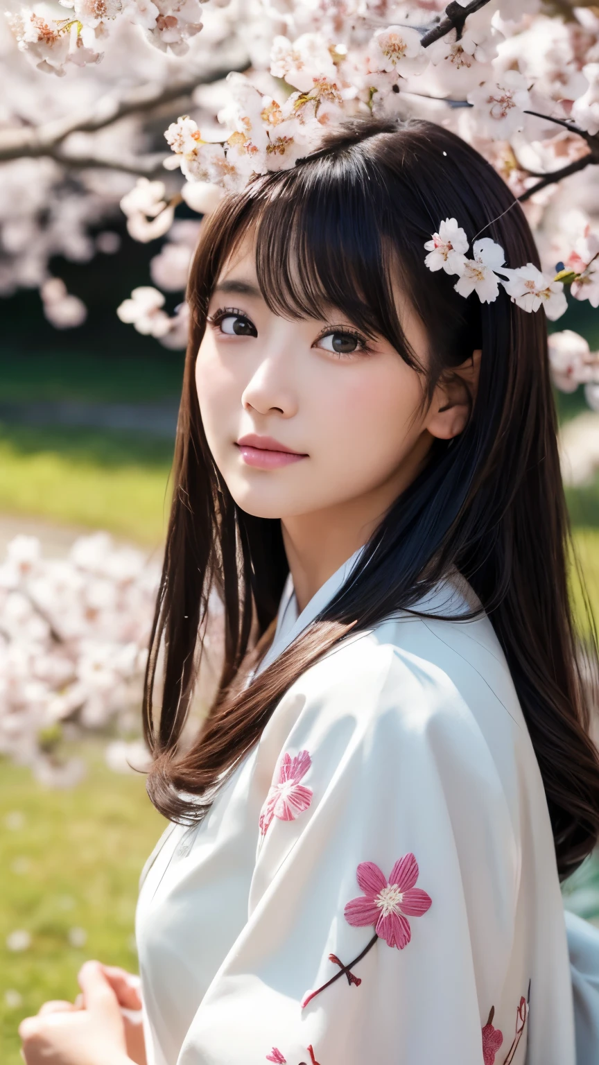(logo、masterpiece、8k、Tabletop、RAW Photos、wonderful、最high quality、Realistic、Very detailed CG 統合 8k 壁紙、high quality、Very detailed、narrative poem、Particle Effects、Dynamic Effects、Depth of written boundary、Cinematic Light、Lens flare、Ray Tracing)、Fantasy、 (1 beauty、White kimono、Japanese clothing、White cherry blossom pattern、White cherry blossom embroidery pattern、Black-haired、Beautiful Face、True Face、Beautiful details in the eyes、Beautiful Skin)、Hair flutters in Wind、Hair bounces、Pink cherry blossom tree、Petals flutter、SakuraFubuki、wonderful景色、Morning Glow、Sun in the background、Wind、god々、tooth、god話、Vast land、