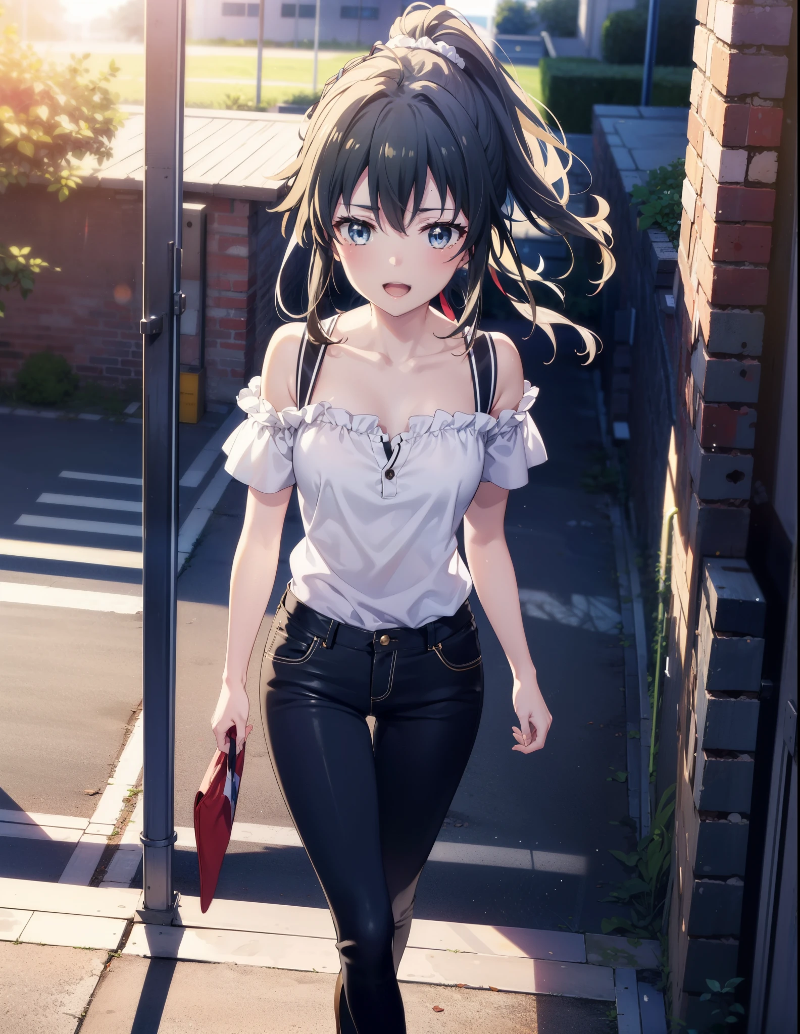 yukinoyukinoshita, yukino yukinoshita, Black Hair, blue eyes, Long Hair, Ahoge,ponytail,happy smile, smile, Open your mouth,Cold shoulder tops,Short sleeve,skinny pants,Stiletto heels,Walking,morning,morning陽,The sun is rising,whole bodyがイラストに入るように,Looking down from above,
break outdoors, In town,Building district,
break looking at viewer, whole body,
break (masterpiece:1.2), highest quality, High resolution, unity 8k wallpaper, (figure:0.8), (Beautiful fine details:1.6), Highly detailed face, Perfect lighting, Highly detailed CG, (Perfect hands, Perfect Anatomy),