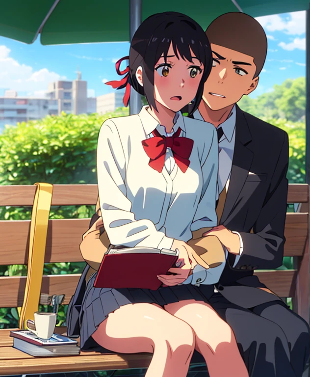 shinkai makoto, kimi no na wa., {1boy, buzzcut,}  boy buzzcut passionate hug, buzzcut boy is hugging from behind, 1girl, black hair, brown eyes, open mouth, short hair, har band, hair ribbon, yellow cardigan, cleavage, white dress skirt, perfect anatomy, cowboyshot, sit on bench chair, reading a book, outdoors, school university, sky, school building, 