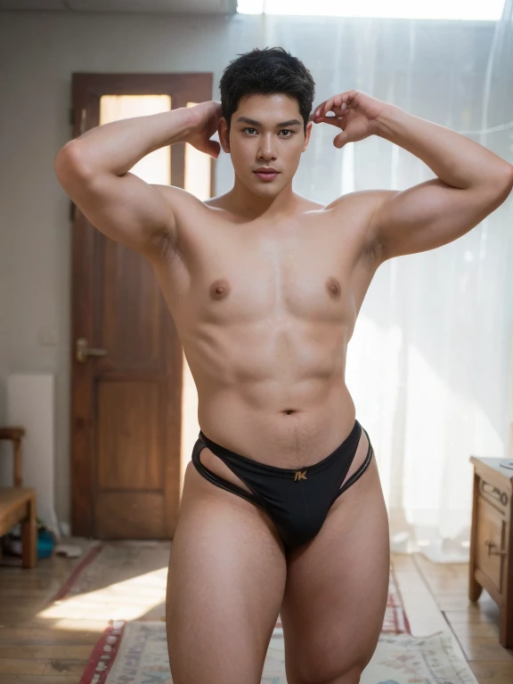 ((Handsome tall skinny boy with fat phat hips))   , thick thighs , （bare thighs） , wide pelvis , shirtless , epic reality,  epic photorealistic , ultra realism ， standing，grins , sexy ,  NSFW , most handsome ever boy , tattoo , slutty whore, K-pop idol looking, K-pop idol face, (phat hips , wide hips) , ( narrow waist) , ((wearing micro thong)) , (skindentation & wide hips) , (wide pelvis. ,massive hips) , (put your hands up) , (topless), skinny waist , foot seen