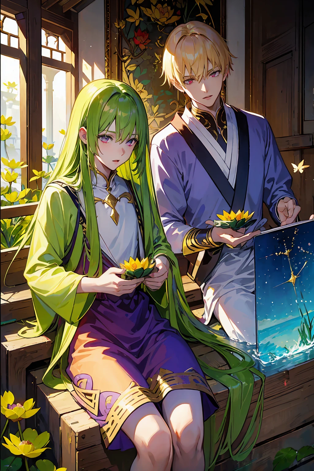 absurd resolution, high resolution, ultra detailed, HDR, master piece, best quality, expressive eyes, beautiful vibrant red eyes, blonde hair, caster Gilgamesh x Enkidu, green hair, vibrant purple eyes, gay couple, yaoi, two men only, handsome, water, lotus, butterflies