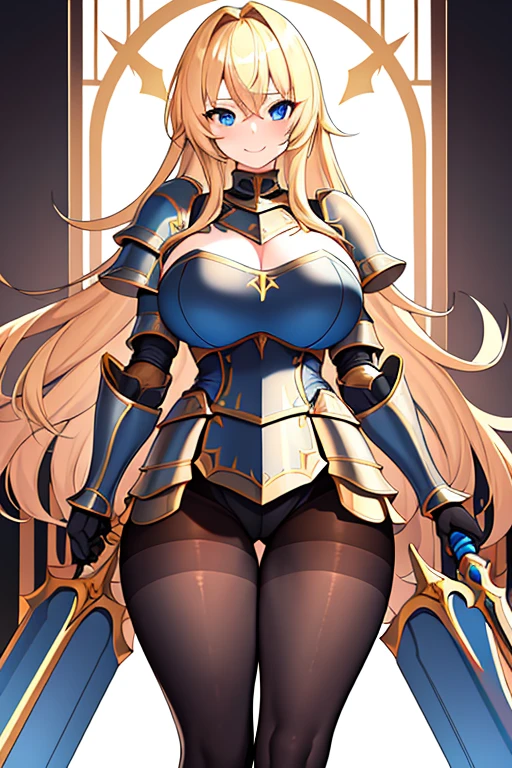 1girl, blonde hair, shoulder armor, large breasts, thick thighs, blue eyes, long hair, blonde hair, hourglass figure, pantyhose, black pantyhose, sword, armor, smile, gloves, standing, ((standing)), forest, black headband, gold trim, white armor, cleavage