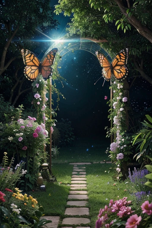 Beautiful garden, butterflies, angel bird, portal to another dimension, cosmic, high resolution, 32k, masterpiece