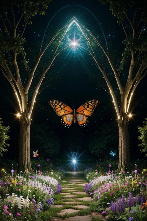 Beautiful garden, butterflies, angel bird, portal to another dimension, cosmic, high resolution, 32k, masterpiece