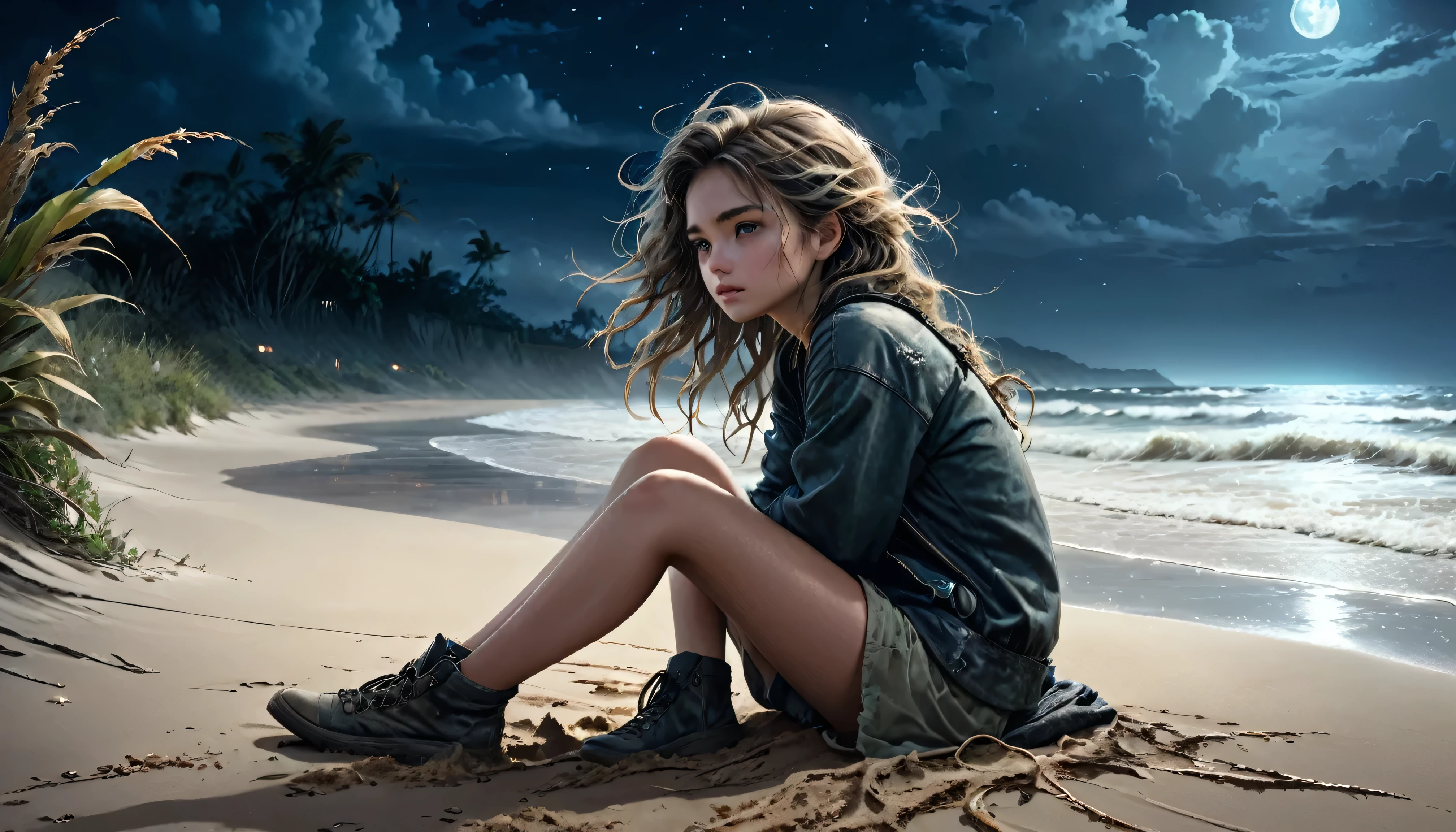 (masterpiece, highest quality: 1.2), Super detailed, Cinema Lighting, High resolution, figure, landscape, One girl, (Soft colors), Post-apocalyptic beach, night, Desolate atmosphere, Girl sitting on the sand, Vegetation Covered, (Cloudy), Waves crashing on the shore, (Depressing but hopeful), A moment of quiet rest, (Detailed Texture), Windblown Hair, Night is cloudy