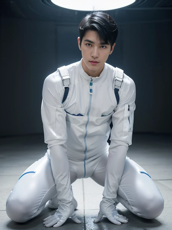 A handsome and refreshing 22-year-old Japanese man　Short black hair cut　Short hair man　Powerful pose　Future World　Various instruments　　Science fiction　A tight rubber sexy jumpsuit that is all white with blue accents　Compression suit full body 　White gloves　 　Texture　Big Moccoli　A photo taken looking up from a squatting position, looking directly at the camera　Realistic images 