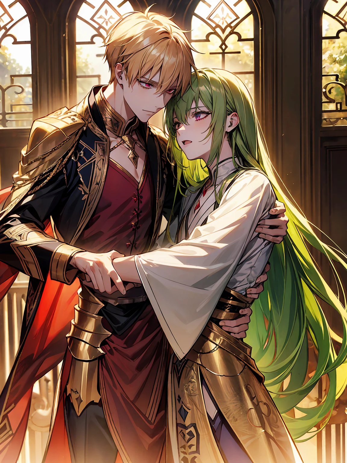 absurd resolution, high resolution, ultra detailed, HDR, master piece, best quality, expressive eyes, beautiful vibrant red eyes, blonde hair, caster Gilgamesh x Enkidu, green hair, vibrant purple eyes, gay couple, yaoi, two men only, handsome, gate of babylon