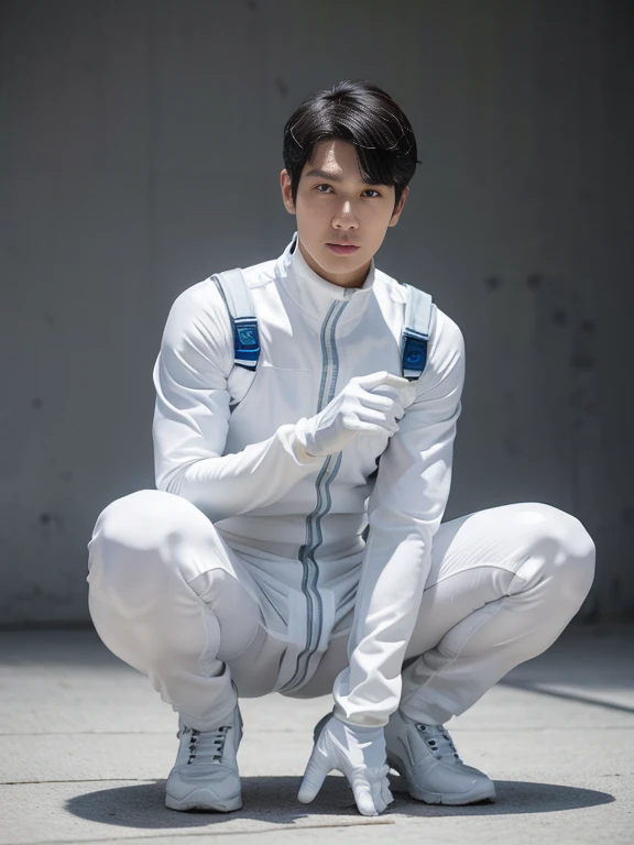 A handsome and refreshing 22-year-old Japanese man　Short black hair cut　Short hair man　Powerful pose　Future World　Various instruments　　Science fiction　A tight rubber sexy jumpsuit that is all white with blue accents　Compression suit full body 　White gloves　 　Texture　Big Moccoli　A photo taken looking up from a squatting position, looking directly at the camera　Realistic images  , sexy , eroticism,  nsfw , bare thighs