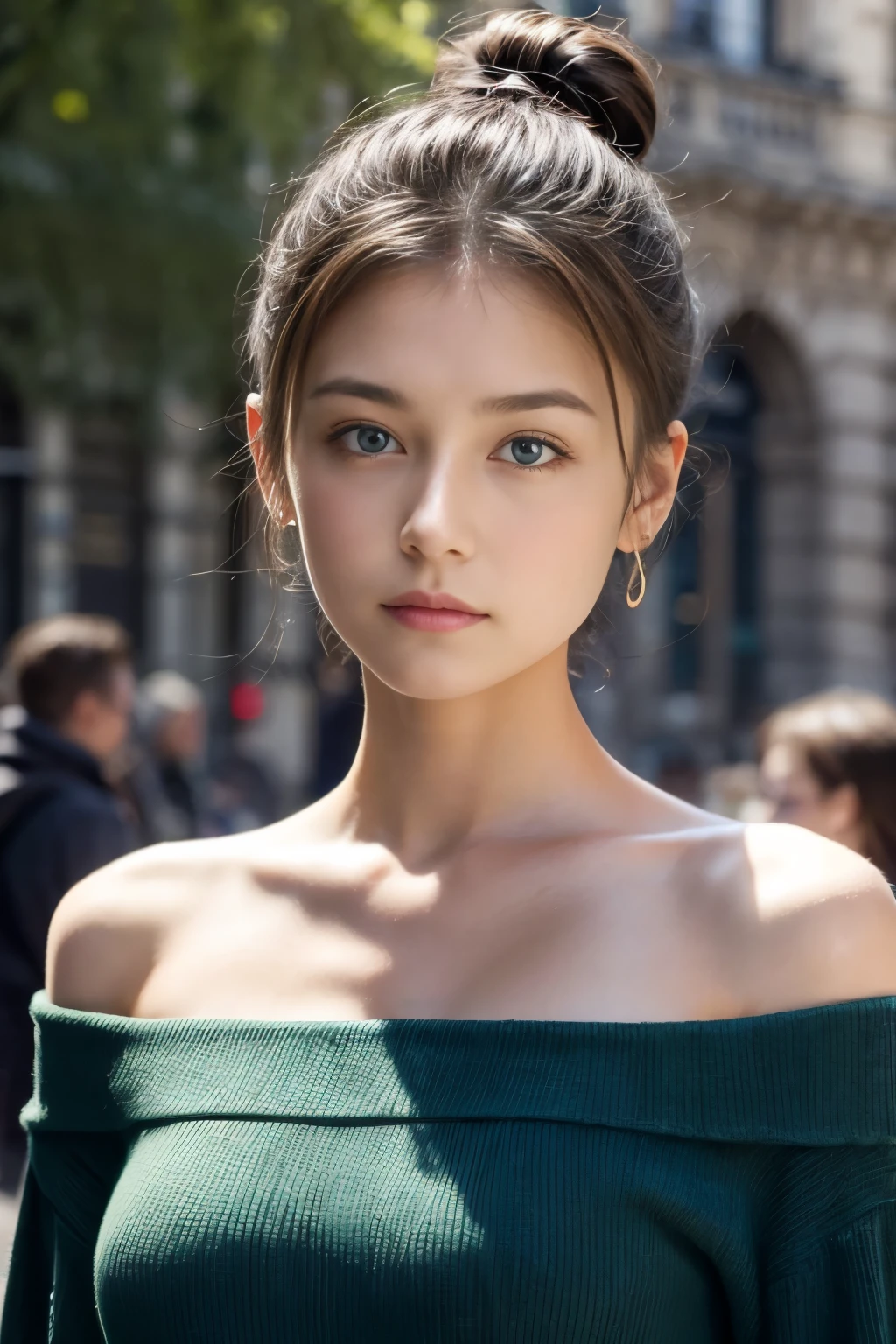 Tight dark green top:1.2, looking at the audience, Cinema lighting, perfect, soft light, High resolution skin:1.2, Realistic skin texture, 18 years old、a small face、No makeup,Off the shoulders,Bust C cup、blue eyes, bun, dark brown hair、Completely naked、Paris Saint Germain street, background、photo from the waist up、 The abdomen is visible、