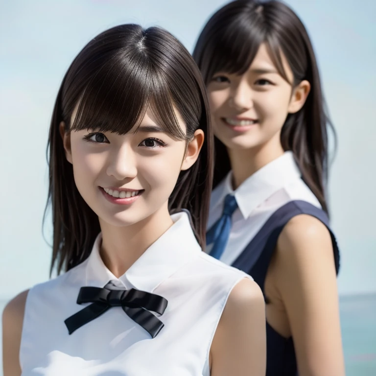 (masterpiece, best quality:1.2), 1girl, solo, japanese, realistic, solo, detailed face, detailed eyes small breasts, breasts shot, smile, white sleeveless shit, blue skirt, pleated skirt, black hair, smile, looking at viewer