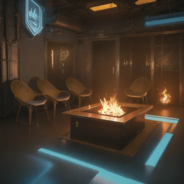 there are four chairs around a fire pit in a room, inspired by Mike Winkelmann, set in tokyo rooftop, rendered in unreal engine 4k hq, rendered in unreal engine 4 k hq, render unreal engine-h 704, render unreal engine - h 7 0 4, cyberpunk interior, fire, burning scene in the background, 8k vfx render, highly detailed vfx scene, hyperealistic octane render, hyper - realistic vfx render, unreal engine render concept art, unreal engine. film still, greg rutkowski. octane render, hyperrealistic vfx render, 8k octane unreal render, unreal engine 5 render dramatic, unreal octane render