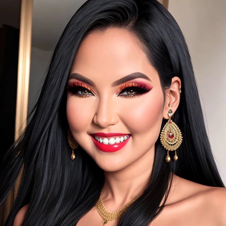 (masterpiece, best quality:1.2), 1girl, solo, long hair, looking at viewer, smile, black hair, jewelry, earrings, teeth, grin, black eyes, lips, makeup, lipstick, portrait, realistic
