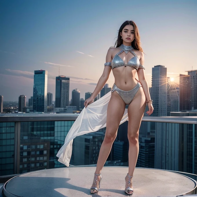 A female body made of diamonds,Don't wear anything,Full body photo,Stand on the roof of the future city
