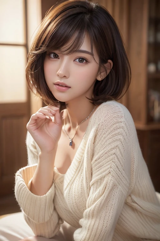 (highest quality、8k、32k、masterpiece、Hmph:1.2)、cute日本人女性の写真、Big ample breasts、Very short bob hair、Pink Hair、Upper body、Face Focus、Extra Large_sweater、necklace、Simple Background、From above、View Viewerix4、(8k、Raw photo、highest quality、masterpiece:1.2)、(Realistic、Photorealistic:1.37)、One Girl、cute、Professional Lighting、Photon Mapping、Physically Based Rendering、Gradient brunette hair、Short Curly Hair、Handsome、Girlish、Excellent image quality、High resolution、1080p、(Clear Face)、(Detailed face description)、(Detailed hand description)、(Masseter muscle area)、(Exquisite CGI)、 Extreme light and shadow、My hair is messy、masterpiece、Rich details、(Exquisite facial features)、(Best image quality)、(masterpiece)、(Detailed eyes)、I look forward to seeing you、Delicate clavicle、Various poses、Don'don't watch mela、profile、White wall、Selfie pose、Casual clothing