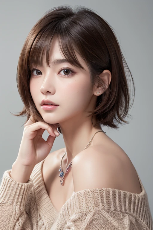 (highest quality、8k、32k、masterpiece、Hmph:1.2)、cute日本人女性の写真、Big ample breasts、Very short bob hair、Pink Hair、Upper body、Face Focus、Extra Large_sweater、necklace、Simple Background、From above、View Viewerix4、(8k、Raw photo、highest quality、masterpiece:1.2)、(Realistic、Photorealistic:1.37)、One Girl、cute、Professional Lighting、Photon Mapping、Physically Based Rendering、Gradient brunette hair、Short Curly Hair、Handsome、Girlish、Excellent image quality、High resolution、1080p、(Clear Face)、(Detailed face description)、(Detailed hand description)、(Masseter muscle area)、(Exquisite CGI)、 Extreme light and shadow、My hair is messy、masterpiece、Rich details、(Exquisite facial features)、(Best image quality)、(masterpiece)、(Detailed eyes)、I look forward to seeing you、Delicate clavicle、Various poses、Don&#39;don&#39;t watch mela、profile、White wall、Selfie pose、Casual clothing