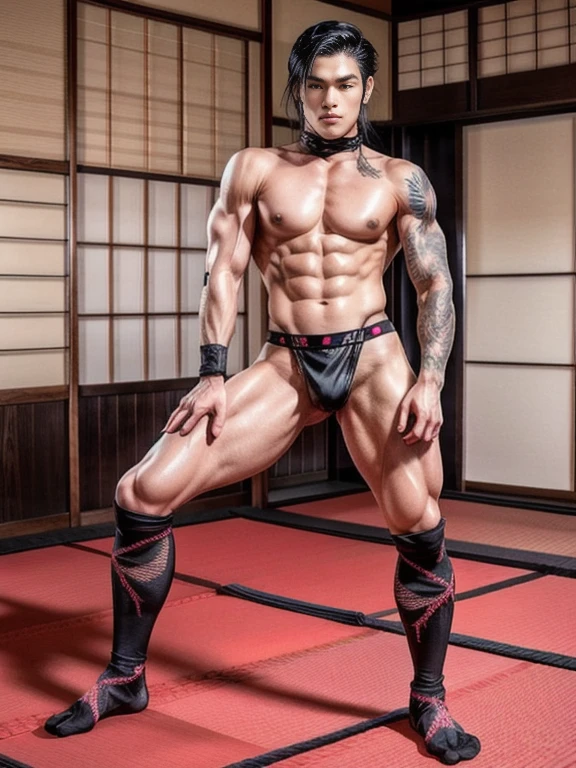 ((Handsome tall skinny boy with fat phat hips))   , thick thighs , （bare thighs） , wide pelvis , shirtless , epic reality,  epic photorealistic , ultra realism ， standing，grins , sexy ,  NSFW , most handsome ever boy , tattoo , slutty whore, K-pop idol looking, K-pop idol face, (phat hips , wide hips) , ( narrow waist) , ((wearing micro thong)) , (skindentation & wide hips) , (wide pelvis. ,massive hips) , (put your hands up) , (topless), skinny waist , foot seen