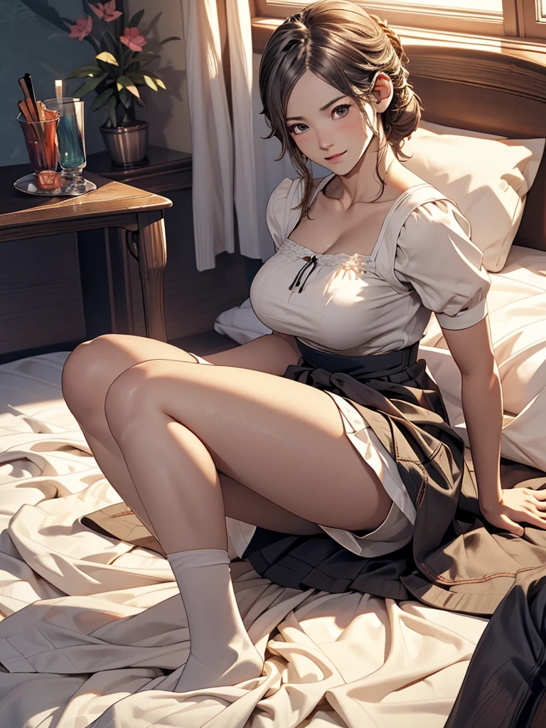 highest quality, masterpiece, High resolution, Photorealistic, RAW Photos, 8k wallpaper, perfection, Professional and bright lighting, Very detailed,(Big Breasts),(Tight waist),(Thin and beautiful legs), whole body, ((View your viewers)), Detailed face, Beautiful Eyes,Neat clothes,(Dirndl),(Lifting the hem of her skirt to show off her vagina)、Spread your legs out to the side,On the bed,Braid,Ecstasy facial expression