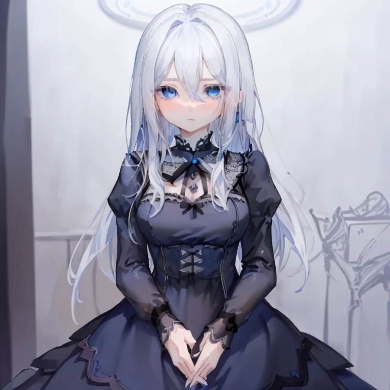 1 girl、Mature、Ample breasts、White Hair、Long Hair、Blue Eyes、Sharp Eyes、Black Dress、Lace、Rose Lace、finger frame、Cinema Lighting、High resolution、highest quality、Bust-up perspective、