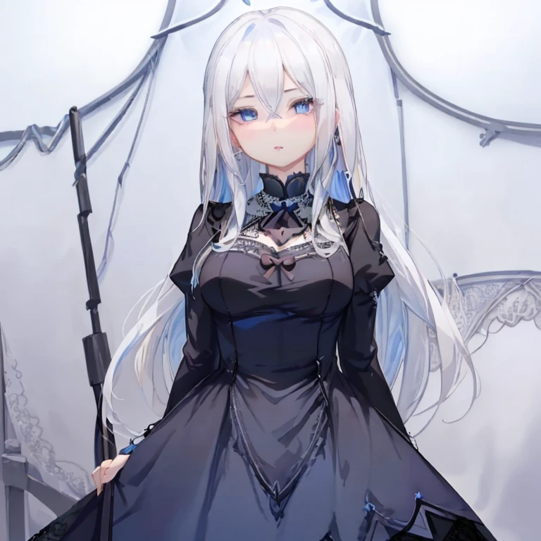 1 girl、Mature、Ample breasts、White Hair、Long Hair、Blue Eyes、Sharp Eyes、Black Dress、Lace、Rose Lace、finger frame、Cinema Lighting、High resolution、highest quality、Bust-up perspective、