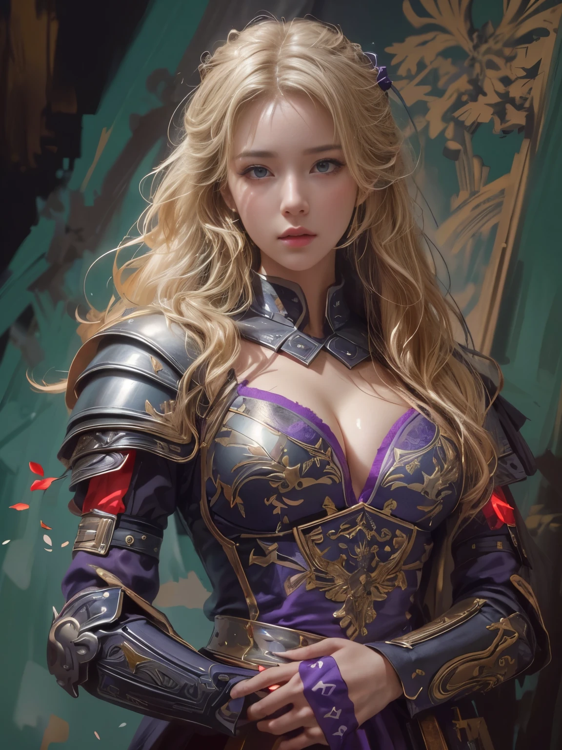IU1, Serious expression, Model shooting style, (Highly detailed CG Unity 8k wallpaper), Full body photos of the most beautiful works of art in the world, (Medieval Armor:1.1), Professional, majestic oil painting by Ed Blinky, Atey Gailan, Studio Ghibli, Jeremy Mann, Greg Manchess, Antonio Moro, Trending on Art Station, CGSociety Trends, complicated, High detail, Sharp focus, dramatic, Photorealistic paintings by Midjourney and Greg Rutkowski, Beautify your face, Long Blonde Hair, Big firm Breasts, hard nipples, Sexy, Sharp Eyes, Break, dynamic sexy poses, sweat, cleavage is exposed, Add light purple and purple, Add Light Red, Intricate details, Splash screen,