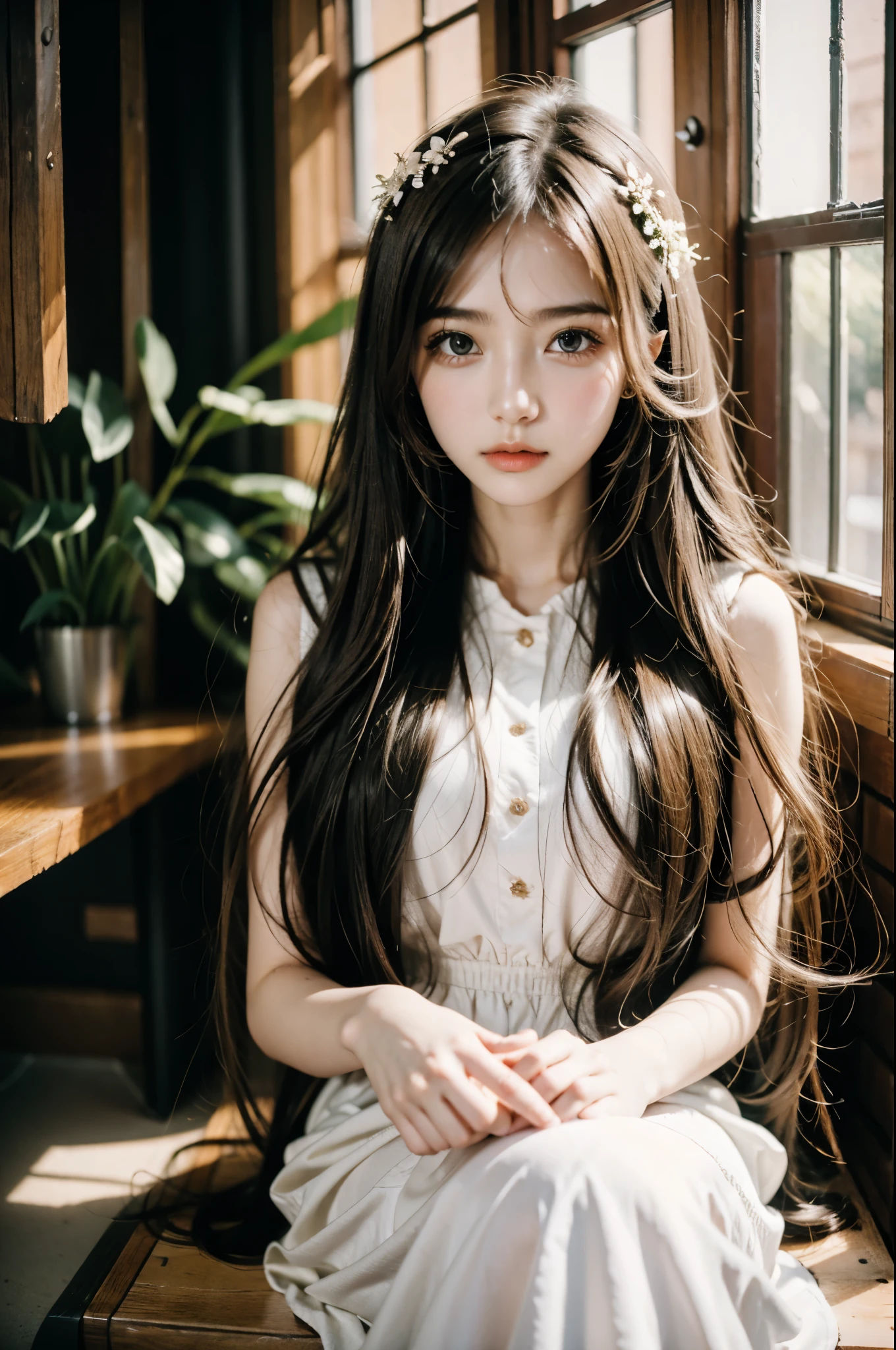 woman, long hair, beautiful, gorgeous, pale hair, detailed background, RAW photo, subject, soft lighting, high quality, film grain, Fujifilm