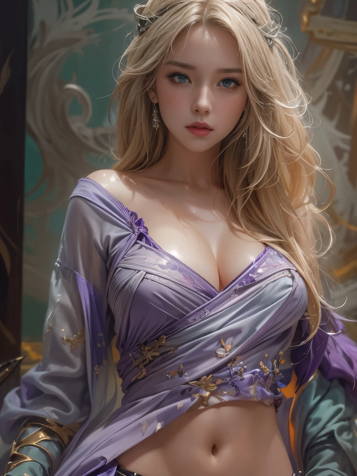 IU1, Serious expression, Model shooting style, (Highly detailed CG Unity 8k wallpaper), Full body photos of the most beautiful works of art in the world, (Medieval Armor:1.1), Professional, majestic oil painting by Ed Blinky, Atey Gailan, Studio Ghibli, Jeremy Mann, Greg Manchess, Antonio Moro, Trending on Art Station, CGSociety Trends, complicated, High detail, Sharp focus, dramatic, Photorealistic paintings by Midjourney and Greg Rutkowski, Beautify your face, Long Blonde Hair, Big firm Breasts, hard nipples, Sexy, Sharp Eyes, Break, dynamic sexy poses, sweat, cleavage is exposed, Add light purple and purple, Add Light Red, Intricate details, Splash screen,