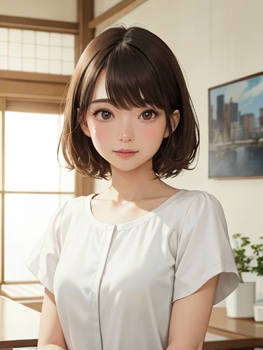 Light grey short sleeve dress、Put a cardigan over your shoulders、Tabletop、(White wall in the background)、In front of the white door、((highest quality、8k、masterpiece:1.3))、Ultra-high resolution、(photoGenuineistic:1.4)、RAW Photos、30 year old Japanese woman、Japanese,(face)、Genuine、Photographed in natural light、Highly detailed face and skin texture、Highly detailed lips、The correct state of the human body、Bob、Bobヘア、Bobカット、Fluffy hair、Brown Hair、short hair、Mr..々Pause、Natural color lip、Fluffy hair、Long Long、anime