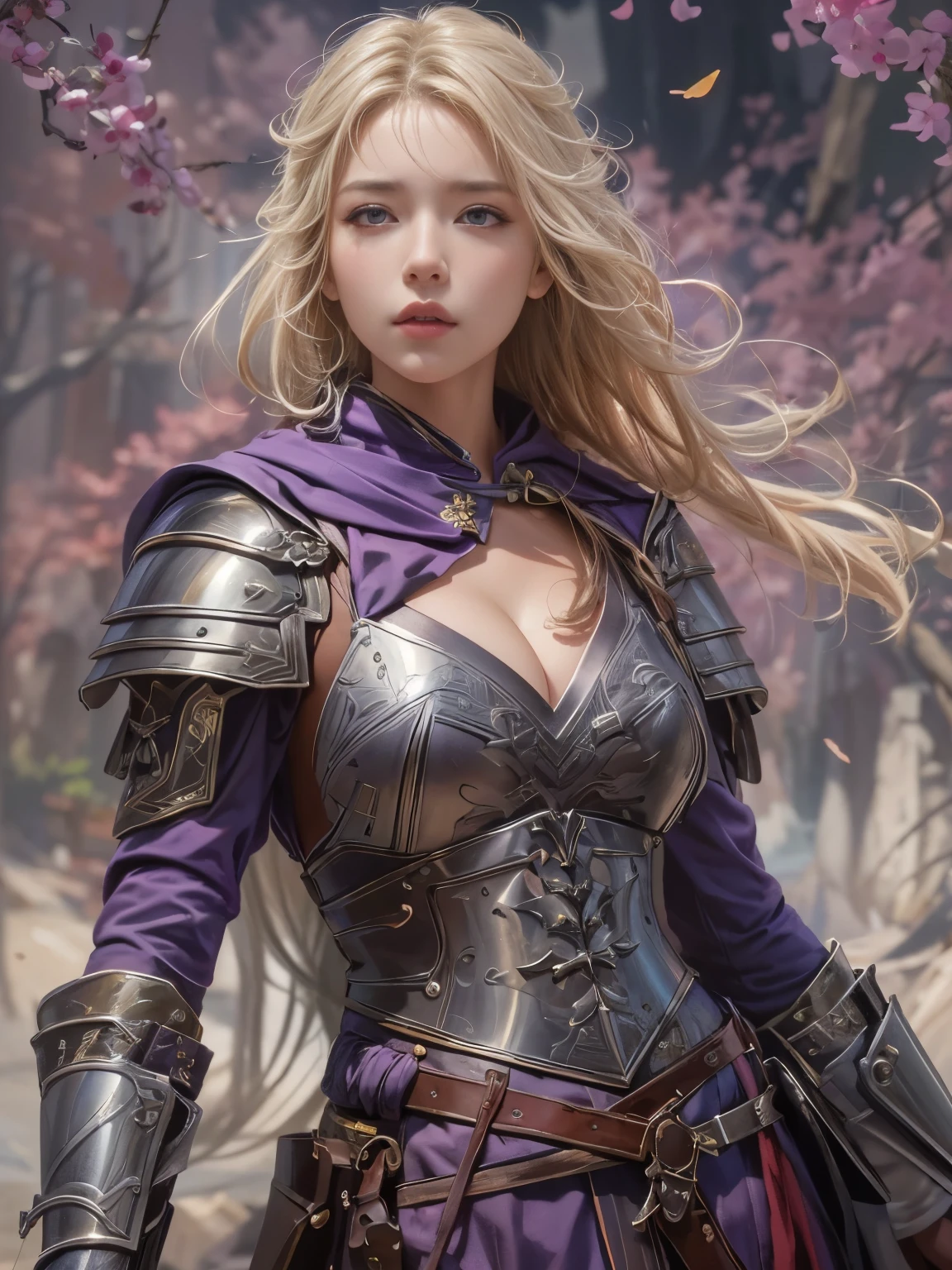 IU1, Serious expression, Model shooting style, (Highly detailed CG Unity 8k wallpaper), Full body photos of the most beautiful works of art in the world, (Medieval Armor:1.1), Professional, majestic oil painting by Ed Blinky, Atey Gailan, Studio Ghibli, Jeremy Mann, Greg Manchess, Antonio Moro, Trending on Art Station, CGSociety Trends, complicated, High detail, Sharp focus, dramatic, Photorealistic paintings by Midjourney and Greg Rutkowski, Beautify your face, Long Blonde Hair, Big firm Breasts, hard nipples, Sexy, Sharp Eyes, Break, dynamic sexy poses, sweat, cleavage is exposed, Add light purple and purple, Add Light Red, Intricate details, Splash screen,