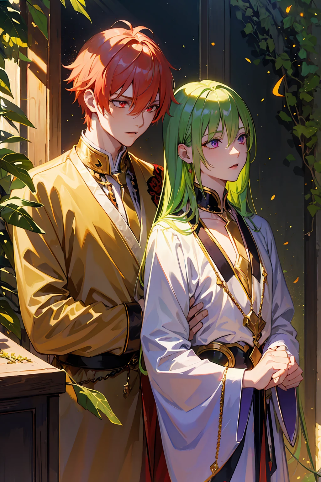 absurd resolution, high resolution, ultra detailed, HDR, master piece, best quality, expressive eyes, beautiful vibrant red eyes, blonde hair, caster Gilgamesh x Enkidu, green hair, vibrant purple eyes, gay couple, yaoi, two men only, handsome, forest, fireflies