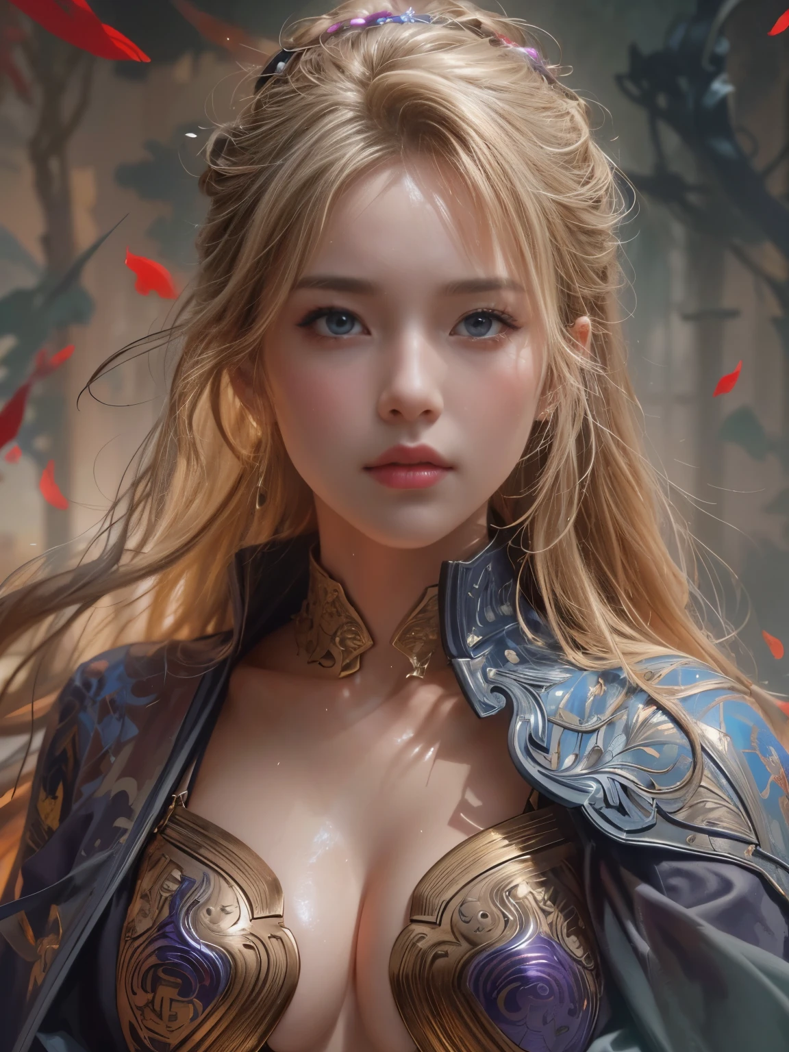 IU1, Serious expression, Model shooting style, (Highly detailed CG Unity 8k wallpaper), Full body photos of the most beautiful works of art in the world, (Medieval Armor:1.1), Professional, majestic oil painting by Ed Blinky, Atey Gailan, Studio Ghibli, Jeremy Mann, Greg Manchess, Antonio Moro, Trending on Art Station, CGSociety Trends, complicated, High detail, Sharp focus, dramatic, Photorealistic paintings by Midjourney and Greg Rutkowski, Beautify your face, Long Blonde Hair, Big firm Breasts, hard nipples, Sexy, Sharp Eyes, Break, dynamic sexy poses, sweat, cleavage is exposed, Add light purple and purple, Add Light Red, Intricate details, Splash screen,
