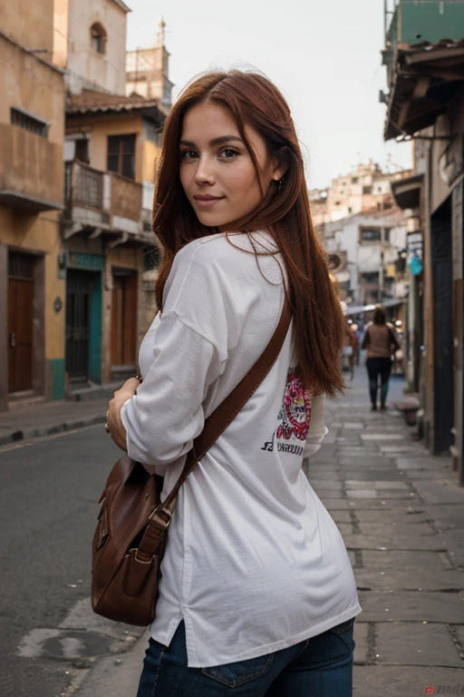 a 25 year old redhead Guanajuato woman, con ojos brown, mirada sexy, poros detallados de la piel, piel clara, piel grasa, detalles intrincados de los ojos, todo el cuerpo, pechos grandes, color brillante, camisa masculina con un hombro fuera, (uso de estilo callejero: 1.2), (fondo de la ciudad: 1.2), high resolution, discreta, mochila, sonrisa sexy