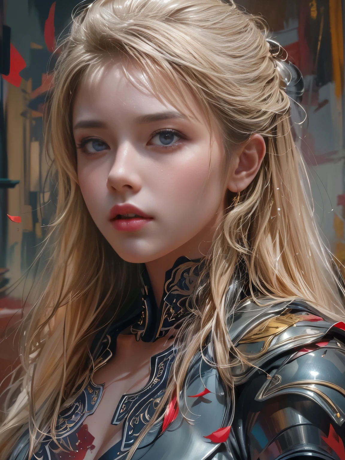 IU1, Serious expression, Model shooting style, (Highly detailed CG Unity 8k wallpaper), Full body photos of the most beautiful works of art in the world, (Medieval Armor:1.1), Professional, majestic oil painting by Ed Blinky, Atey Gailan, Studio Ghibli, Jeremy Mann, Greg Manchess, Antonio Moro, Trending on Art Station, CGSociety Trends, complicated, High detail, Sharp focus, dramatic, Photorealistic paintings by Midjourney and Greg Rutkowski, Beautify your face, Long Blonde Hair, Big firm Breasts, hard nipples, Sexy, Sharp Eyes, Break, dynamic sexy poses, sweat, cleavage is exposed, Add light purple and purple, Add Light Red, Intricate details, Splash screen,