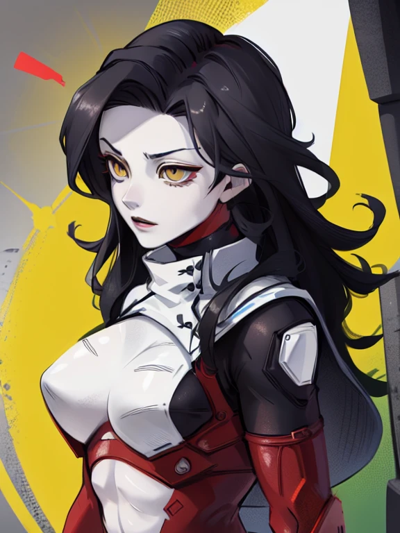 (1 girl muscular) yellow eyes large breasts pale skin skintight black hair sad