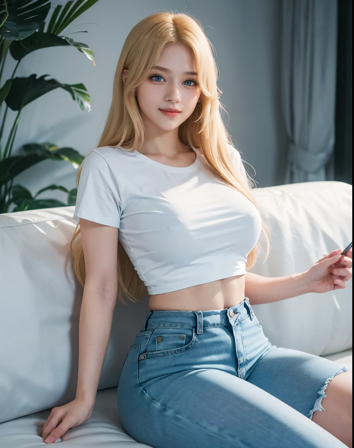 1girl, (Blue Eyes), (smiling :1.2), (Sana Minatozaki), (wide hips :1.2), Big tits, (big ass), (thin waist: 1.2), (thick and toned thighs :1.1), (Best Quality, 8k, Masterpiece: 1.3), Clear Focus: 1.2, Perfect Body Beauty: 1.4, strong abs, Highly detailed face and skin texture, detailed eyes, double eyelids, (shiny skin), (blonde long straight hair), (white t-shirt), (high waist jeans), lies on a couch, full body, in the living room