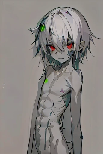 High-quality creations,Modern animation rendering,High contrast,boy,nude,Red eyes,emaciated,rib cage,Chest muscles,Abdominal muscles,Skin injuries,Purple scars,belly button,Standing,shy,Soft background