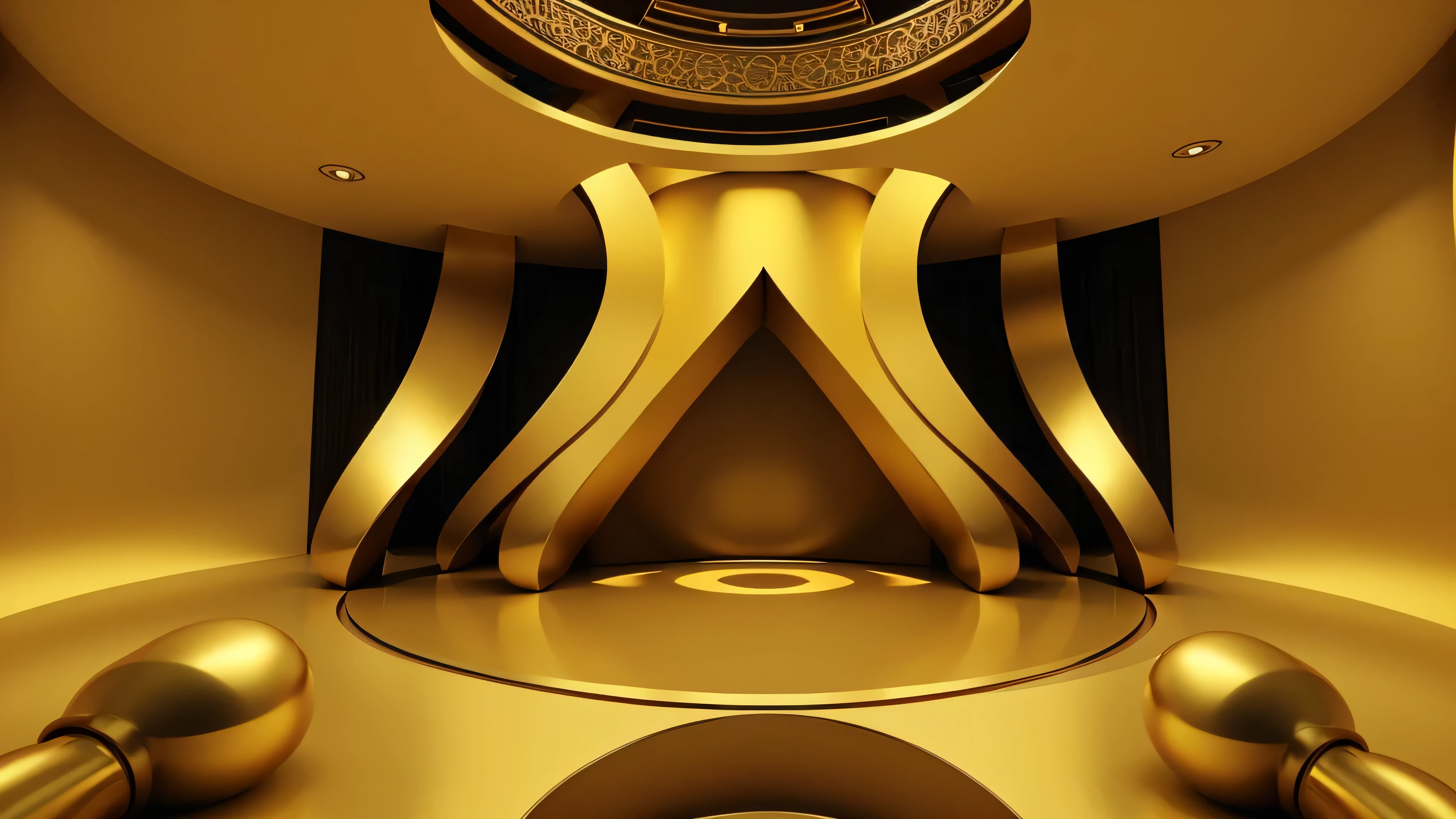 a 3d background of 3d abstract shapes in simetrical shapes from the center of the image, one podium in the center, with bright golden color in high definition
