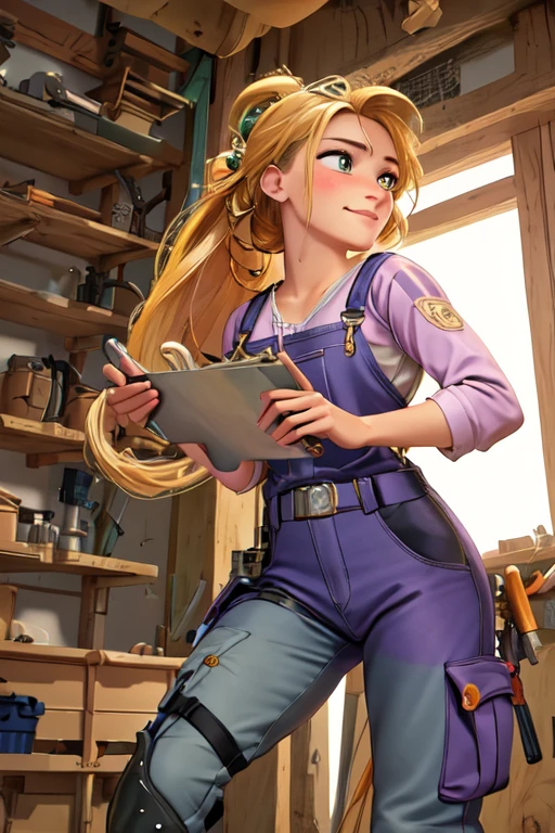 (masterpiece:1.2), (best quality), (ultra detailed), (8k, 4k, intricate),(highly detailed:1.2),(detailed face:1.2), (detailed background),(portrait),detailed landscape,(dynamic pose:1.2),rapunzel  1girl, solo, long hair, looking away from viewer, smile, blonde hair, long sleeves, dress, very long hair tied up, green eyes, carpenter, woodworker, construction worker, contractor 

Rapunzel dressed in carpenters attire, purple baggy cargo overalls, suspenders, tools in pockets, safety goggles, wearing a hardhat/safety helmet, durable work boots, knee pads, bandana, tattoos with floral and sun motifs visble, sweating from brow, determined smirk, holding woodworking tools in hand, working on a construction site, tools and machinery are visble, curvy, beautiful 