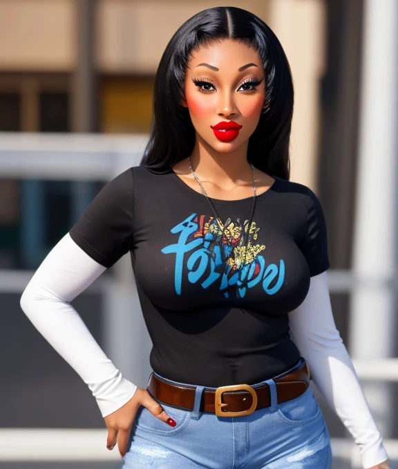 The face of Megan thee stallion, 1girl, solo, black t-shirt, white shirt, blue jeans, belt, lipstick, large breasts, short over long sleeves