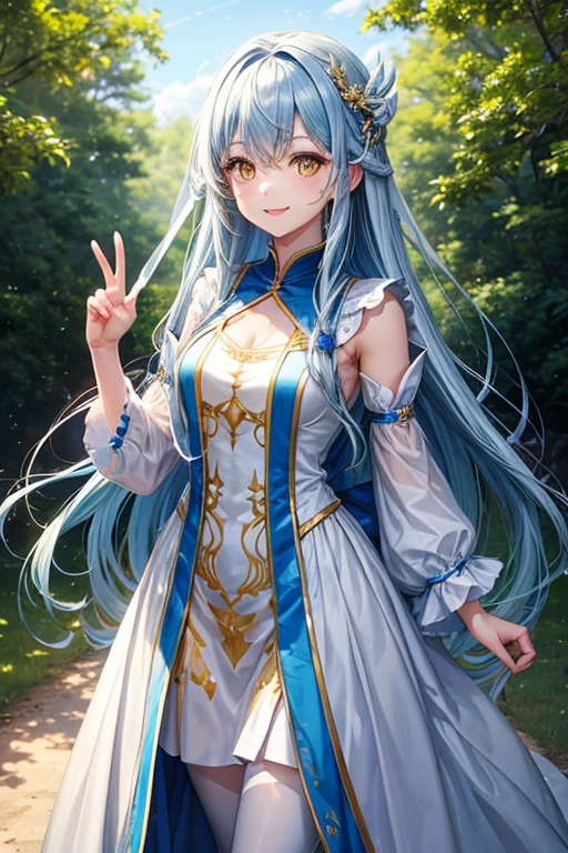 1 female、highest quality、Blue Long Hair、Yellow Eyes、Straight, aligned fingers、White dress、Smiling beautiful girl、Are standing