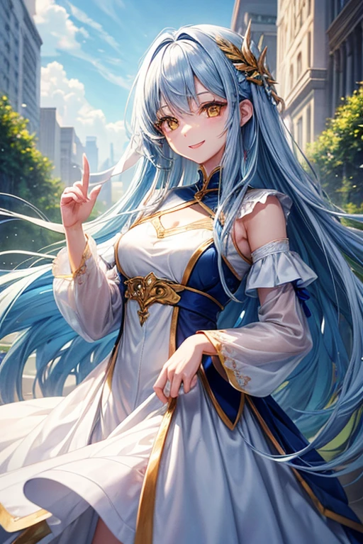 1 female、highest quality、Blue Long Hair、Yellow Eyes、Straight, aligned fingers、White dress、Smiling beautiful girl、Are standing