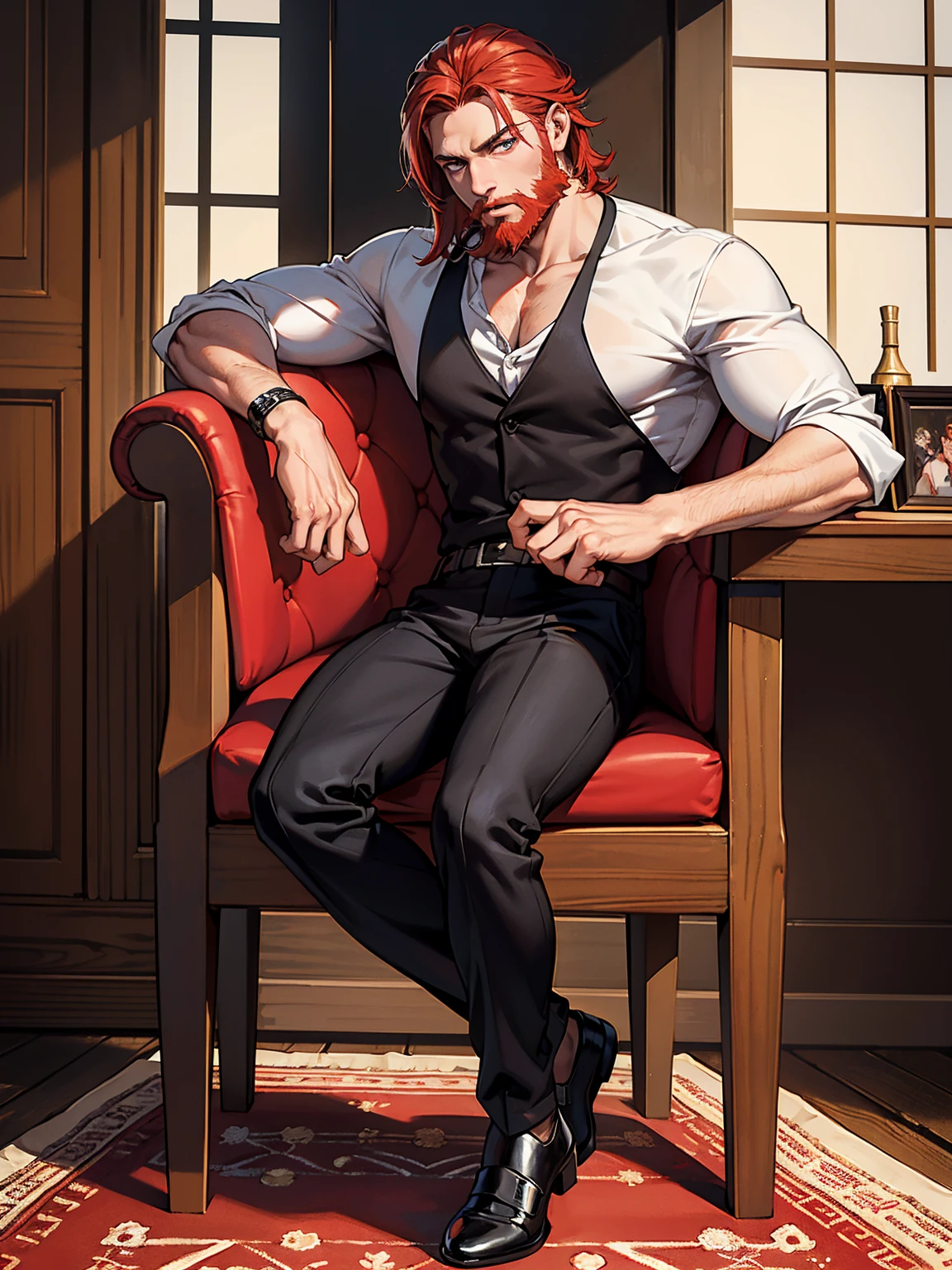 mejor calidad, better resolution, obra maestra, ultra detallado, correct anatomy, cuerpo perfecto, SOLO(1 hombre), tiro de cuerpo completo, ojos azules(ojos detallados, high resolution, ultra detallado), European mature redhead brown, barbudo, chestnut red beard, camisa negra, black pants, collar con crucifijo, con una toga roja, zapatos negros elegantes, sentado sobre una silla de madera, un taller de alquimia de fondo, colores vivos